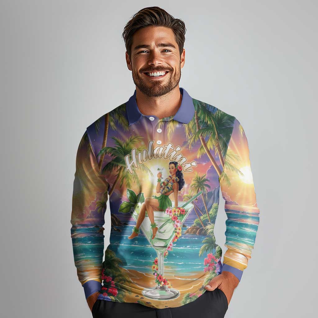 Aloha Hawaii Long Sleeve Polo Shirt Hula Martini Tropical Vibes - Wonder Print Shop