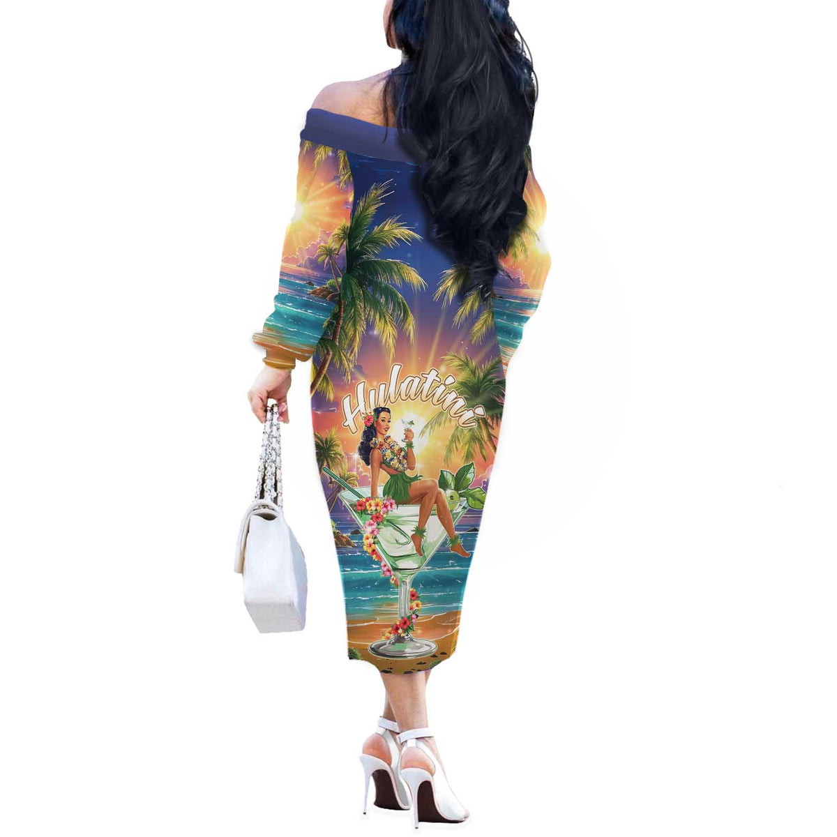 Aloha Hawaii Off The Shoulder Long Sleeve Dress Hula Martini Tropical Vibes - Wonder Print Shop
