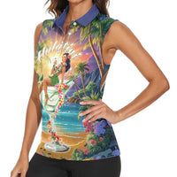 Aloha Hawaii Women Sleeveless Polo Shirt Hula Martini Tropical Vibes - Wonder Print Shop