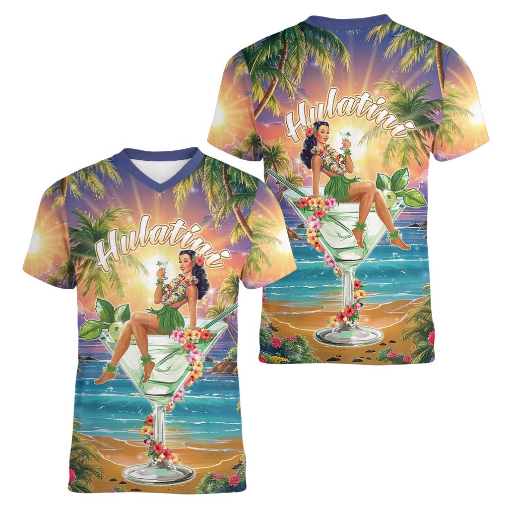 Aloha Hawaii Women V-Neck T-Shirt Hula Martini Tropical Vibes - Wonder Print Shop