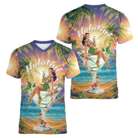 Aloha Hawaii Women V-Neck T-Shirt Hula Martini Tropical Vibes - Wonder Print Shop