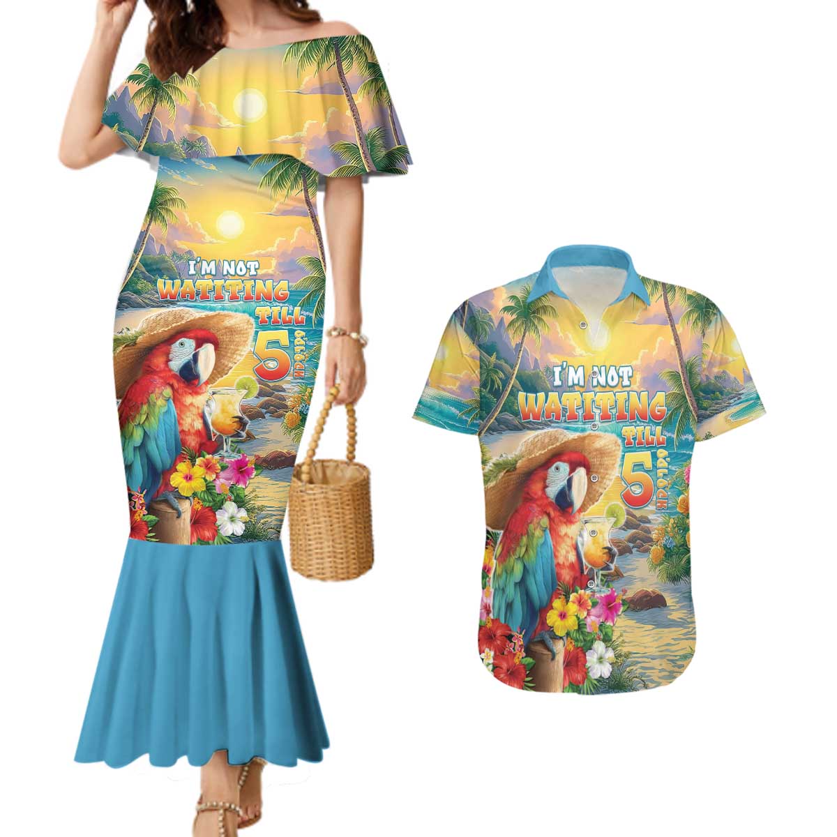 Hawaii Parrot Couples Matching Mermaid Dress and Hawaiian Shirt Im Not Waiting Till 5 Oclock - Wonder Print Shop