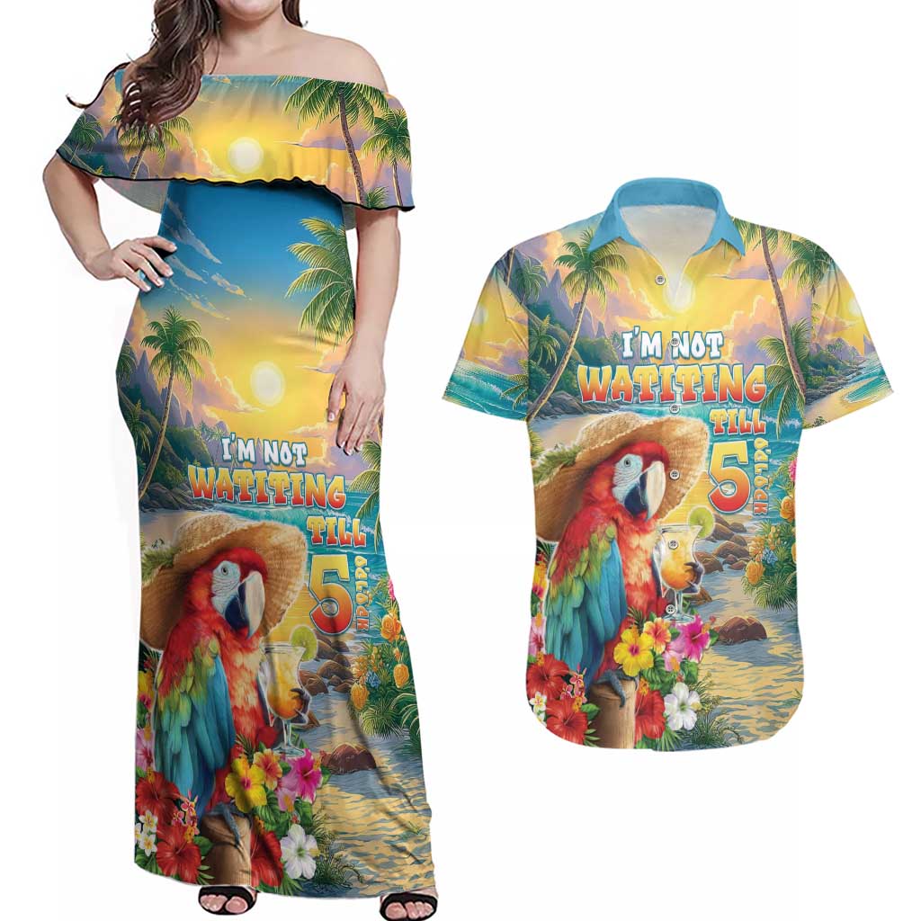 Hawaii Parrot Couples Matching Off Shoulder Maxi Dress and Hawaiian Shirt Im Not Waiting Till 5 Oclock - Wonder Print Shop