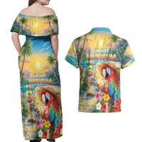 Hawaii Parrot Couples Matching Off Shoulder Maxi Dress and Hawaiian Shirt Im Not Waiting Till 5 Oclock - Wonder Print Shop