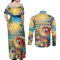 Hawaii Parrot Couples Matching Off Shoulder Maxi Dress and Long Sleeve Button Shirt Im Not Waiting Till 5 Oclock - Wonder Print Shop
