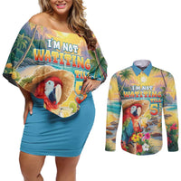 Hawaii Parrot Couples Matching Off Shoulder Short Dress and Long Sleeve Button Shirt Im Not Waiting Till 5 Oclock - Wonder Print Shop