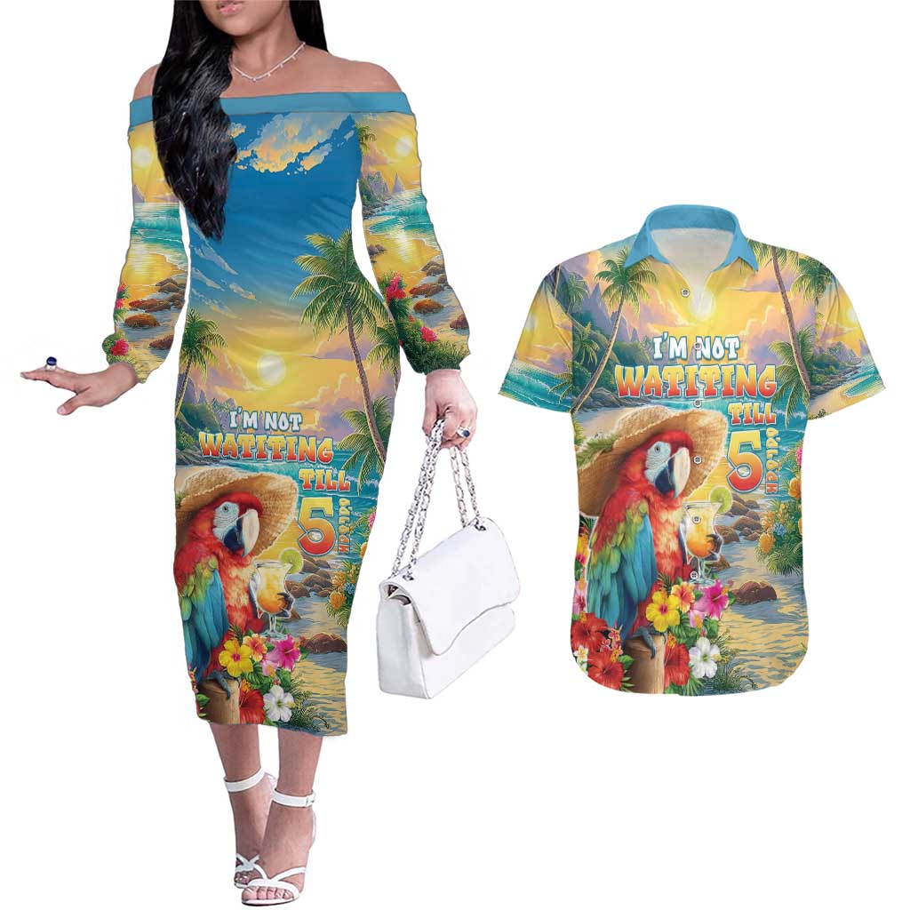 Hawaii Parrot Couples Matching Off The Shoulder Long Sleeve Dress and Hawaiian Shirt Im Not Waiting Till 5 Oclock - Wonder Print Shop