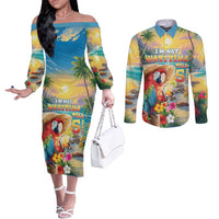 Hawaii Parrot Couples Matching Off The Shoulder Long Sleeve Dress and Long Sleeve Button Shirt Im Not Waiting Till 5 Oclock - Wonder Print Shop