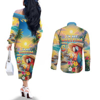 Hawaii Parrot Couples Matching Off The Shoulder Long Sleeve Dress and Long Sleeve Button Shirt Im Not Waiting Till 5 Oclock - Wonder Print Shop