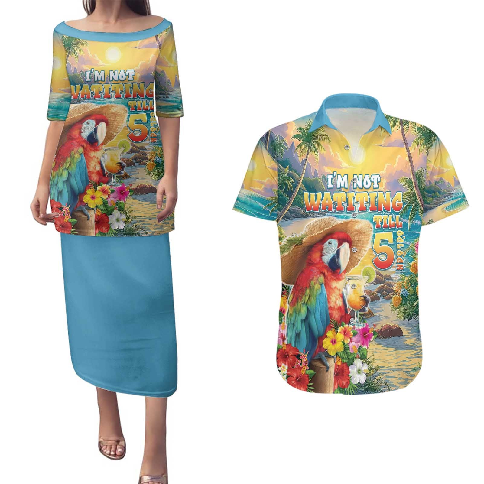 Hawaii Parrot Couples Matching Puletasi and Hawaiian Shirt Im Not Waiting Till 5 Oclock - Wonder Print Shop