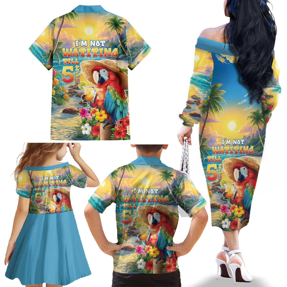 Hawaii Parrot Family Matching Off The Shoulder Long Sleeve Dress and Hawaiian Shirt Im Not Waiting Till 5 Oclock - Wonder Print Shop