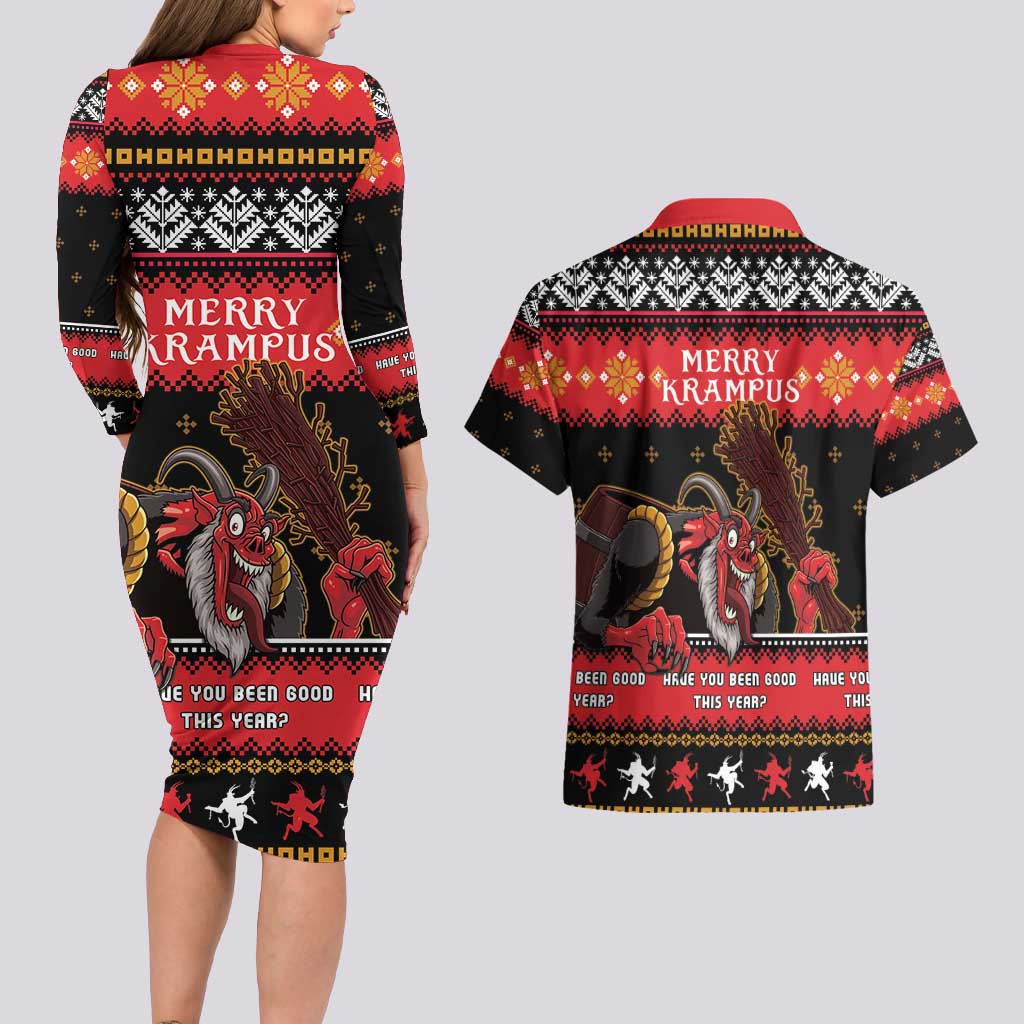 Merry Christmas Krampus Couples Matching Long Sleeve Bodycon Dress and Hawaiian Shirt Have You Been Good This Year LT05 - Wonder Print Shop
