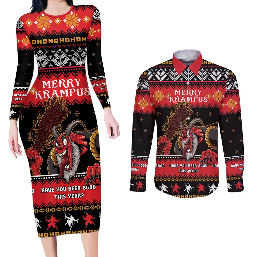 Merry Christmas Krampus Couples Matching Long Sleeve Bodycon Dress and Long Sleeve Button Shirt Have You Been Good This Year LT05 - Wonder Print Shop