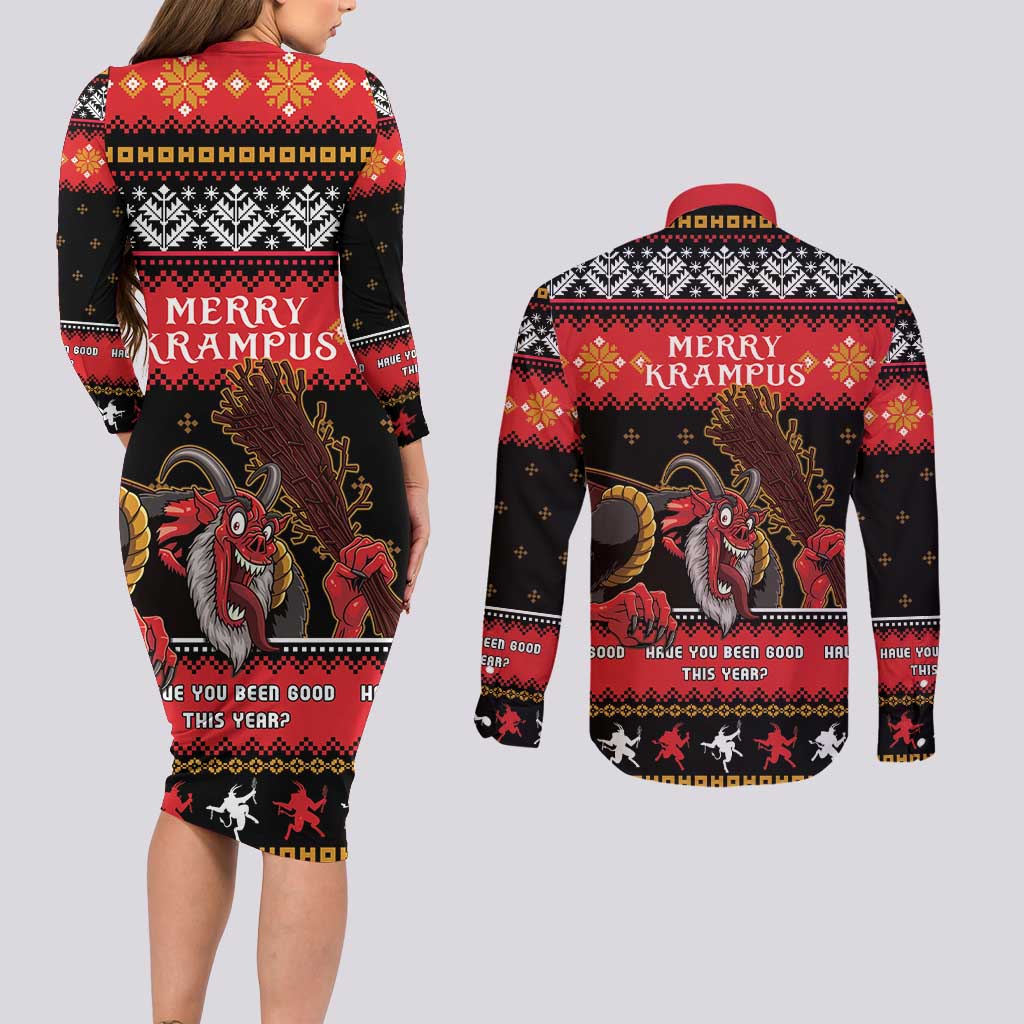 Merry Christmas Krampus Couples Matching Long Sleeve Bodycon Dress and Long Sleeve Button Shirt Have You Been Good This Year LT05 - Wonder Print Shop