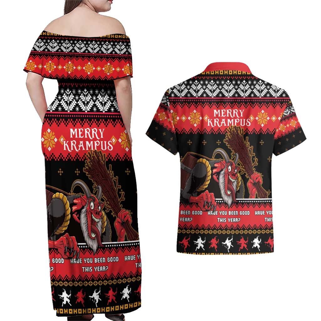 Merry Christmas Krampus Couples Matching Off Shoulder Maxi Dress and Hawaiian Shirt Have You Been Good This Year LT05 - Wonder Print Shop