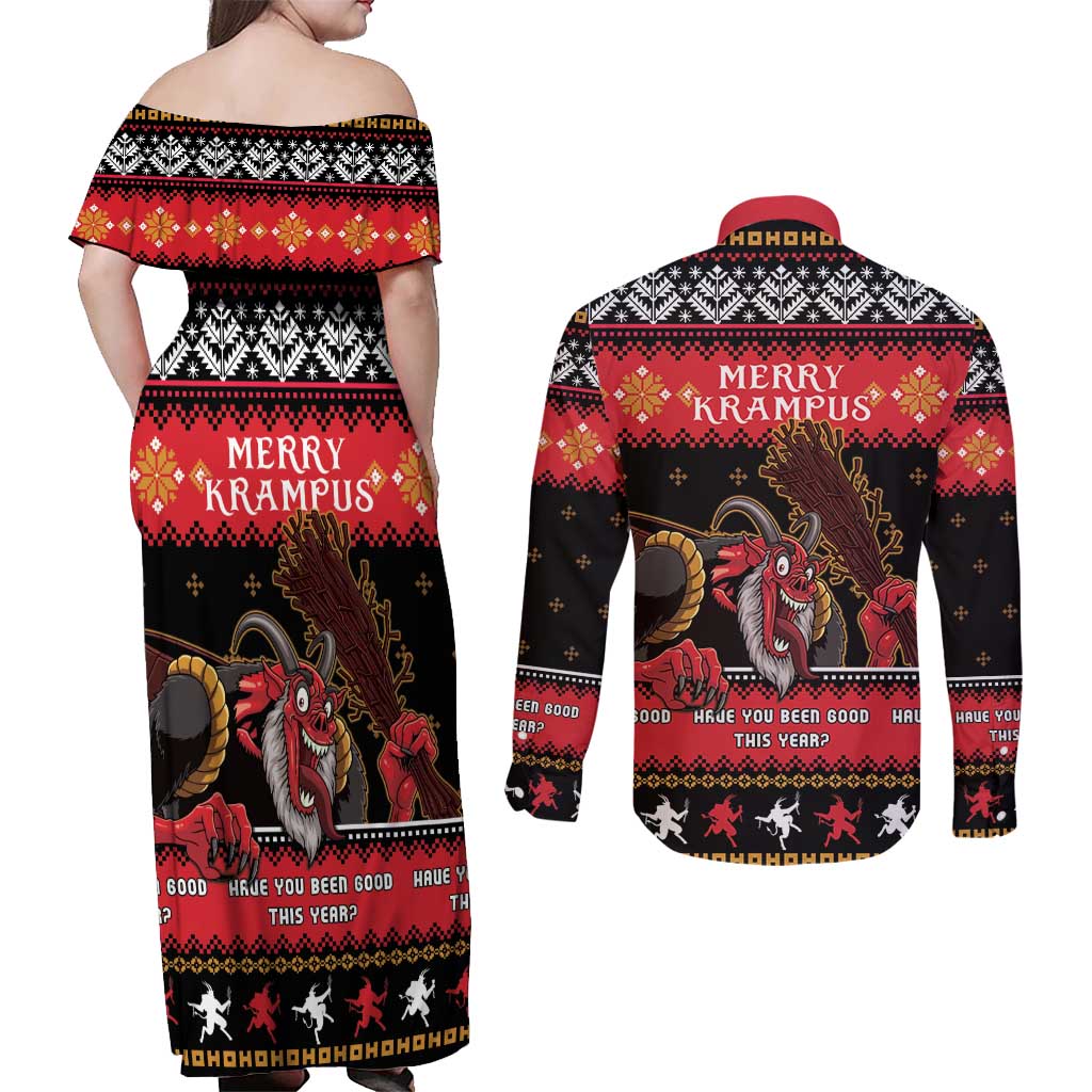 Merry Christmas Krampus Couples Matching Off Shoulder Maxi Dress and Long Sleeve Button Shirt Have You Been Good This Year LT05 - Wonder Print Shop