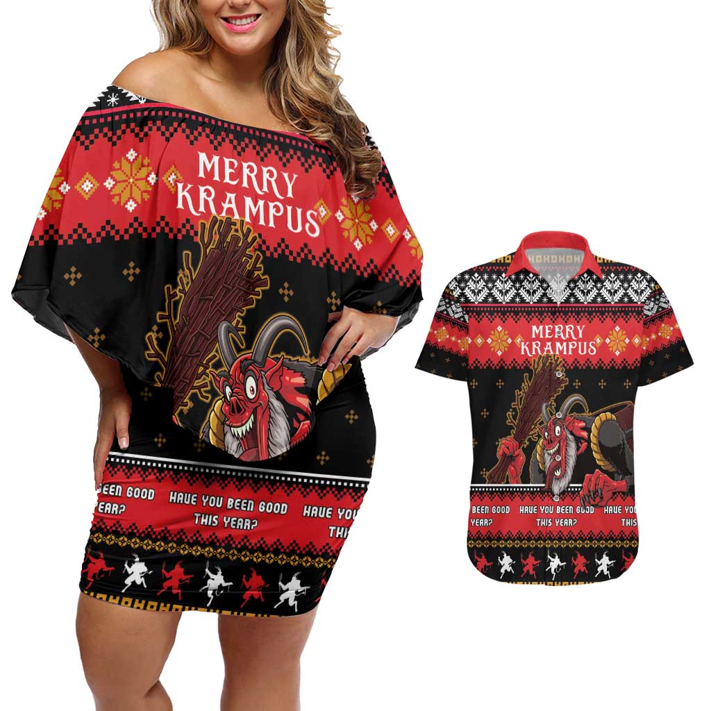 Merry Christmas Krampus Couples Matching Off Shoulder Short Dress and Hawaiian Shirt Have You Been Good This Year LT05 - Wonder Print Shop