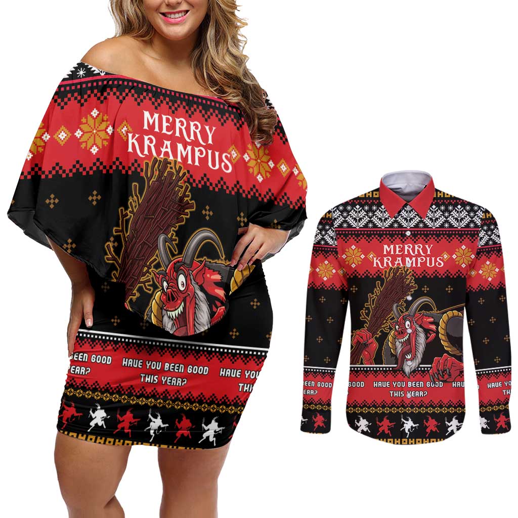 Merry Christmas Krampus Couples Matching Off Shoulder Short Dress and Long Sleeve Button Shirt Have You Been Good This Year LT05 - Wonder Print Shop