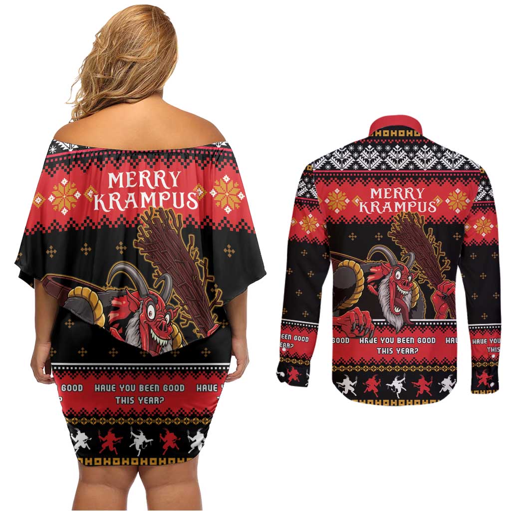 Merry Christmas Krampus Couples Matching Off Shoulder Short Dress and Long Sleeve Button Shirt Have You Been Good This Year LT05 - Wonder Print Shop