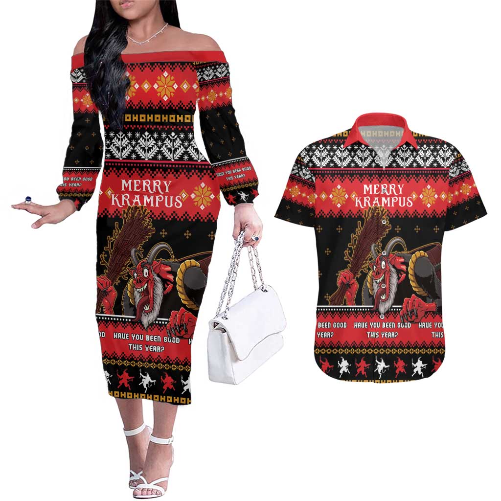 Merry Christmas Krampus Couples Matching Off The Shoulder Long Sleeve Dress and Hawaiian Shirt Have You Been Good This Year LT05 - Wonder Print Shop