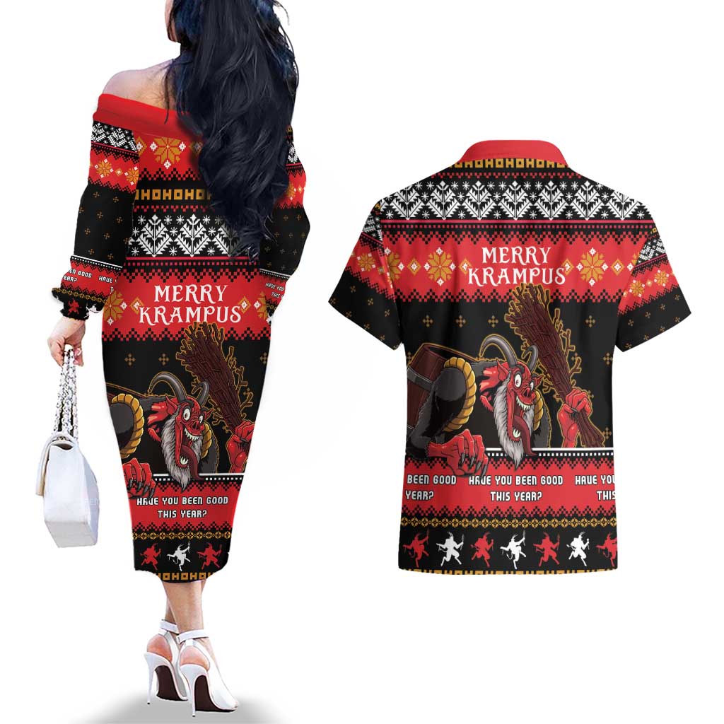 Merry Christmas Krampus Couples Matching Off The Shoulder Long Sleeve Dress and Hawaiian Shirt Have You Been Good This Year LT05 - Wonder Print Shop