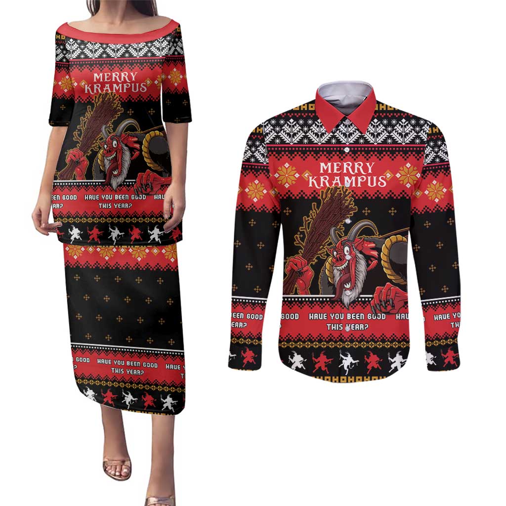 Merry Christmas Krampus Couples Matching Puletasi and Long Sleeve Button Shirt Have You Been Good This Year LT05 - Wonder Print Shop