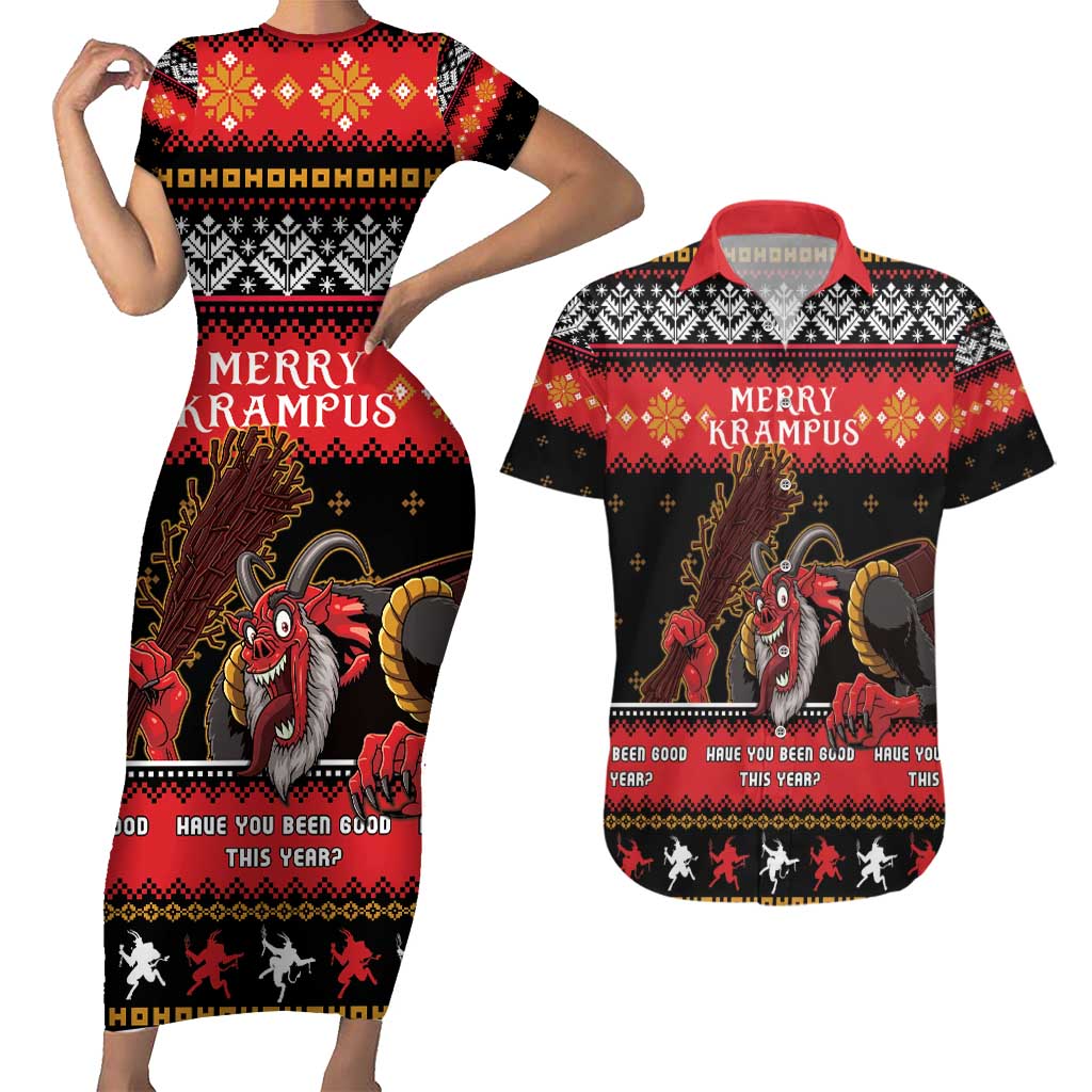 Merry Christmas Krampus Couples Matching Short Sleeve Bodycon Dress and Hawaiian Shirt Have You Been Good This Year LT05 - Wonder Print Shop