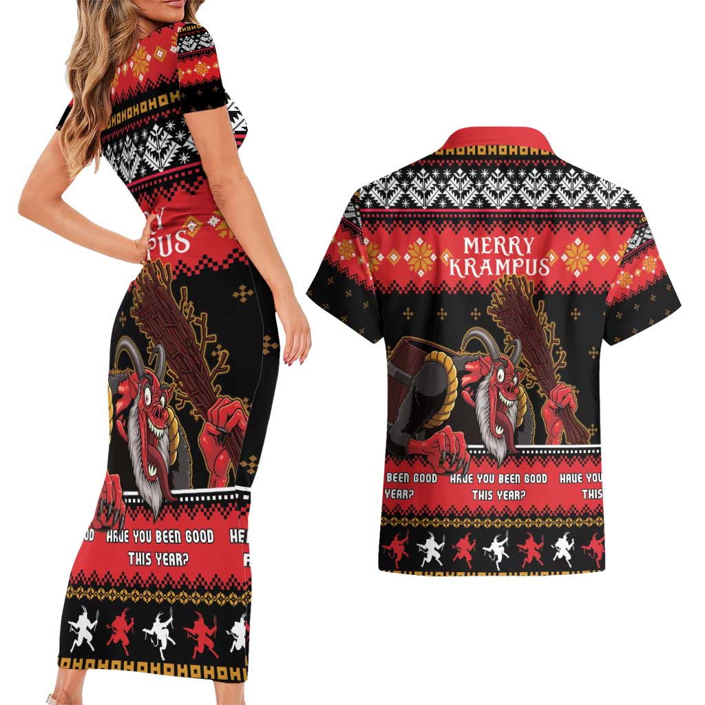 Merry Christmas Krampus Couples Matching Short Sleeve Bodycon Dress and Hawaiian Shirt Have You Been Good This Year LT05 - Wonder Print Shop