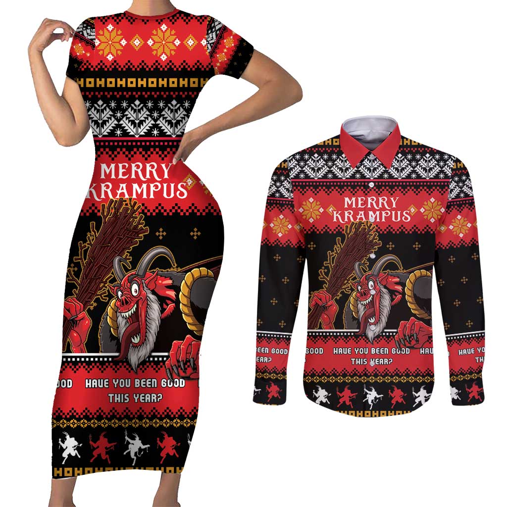 Merry Christmas Krampus Couples Matching Short Sleeve Bodycon Dress and Long Sleeve Button Shirt Have You Been Good This Year LT05 - Wonder Print Shop