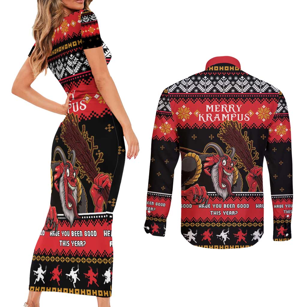 Merry Christmas Krampus Couples Matching Short Sleeve Bodycon Dress and Long Sleeve Button Shirt Have You Been Good This Year LT05 - Wonder Print Shop