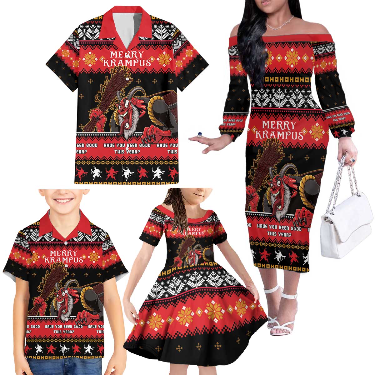 Merry Christmas Krampus Family Matching Off The Shoulder Long Sleeve Dress and Hawaiian Shirt Have You Been Good This Year LT05 - Wonder Print Shop