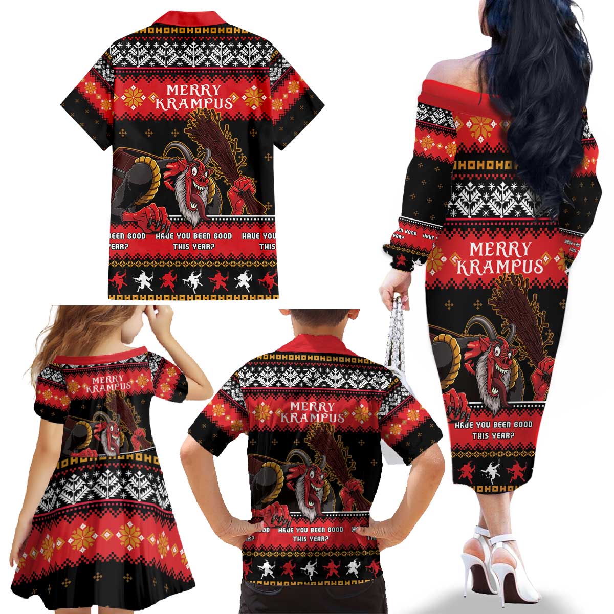 Merry Christmas Krampus Family Matching Off The Shoulder Long Sleeve Dress and Hawaiian Shirt Have You Been Good This Year LT05 - Wonder Print Shop