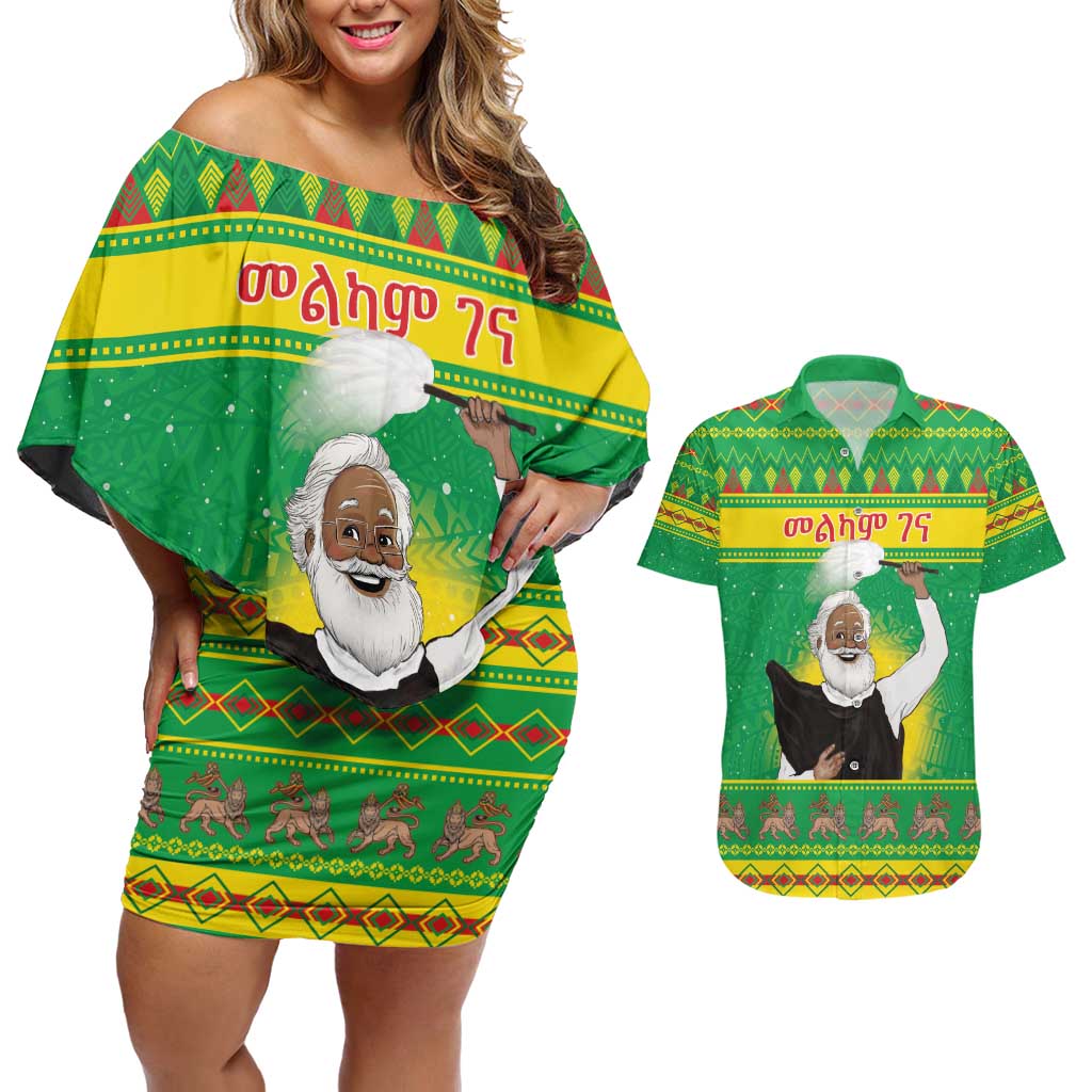 Ethiopia Christmas Couples Matching Off Shoulder Short Dress and Hawaiian Shirt Melkam Gena Yegena Abat LT05 - Wonder Print Shop