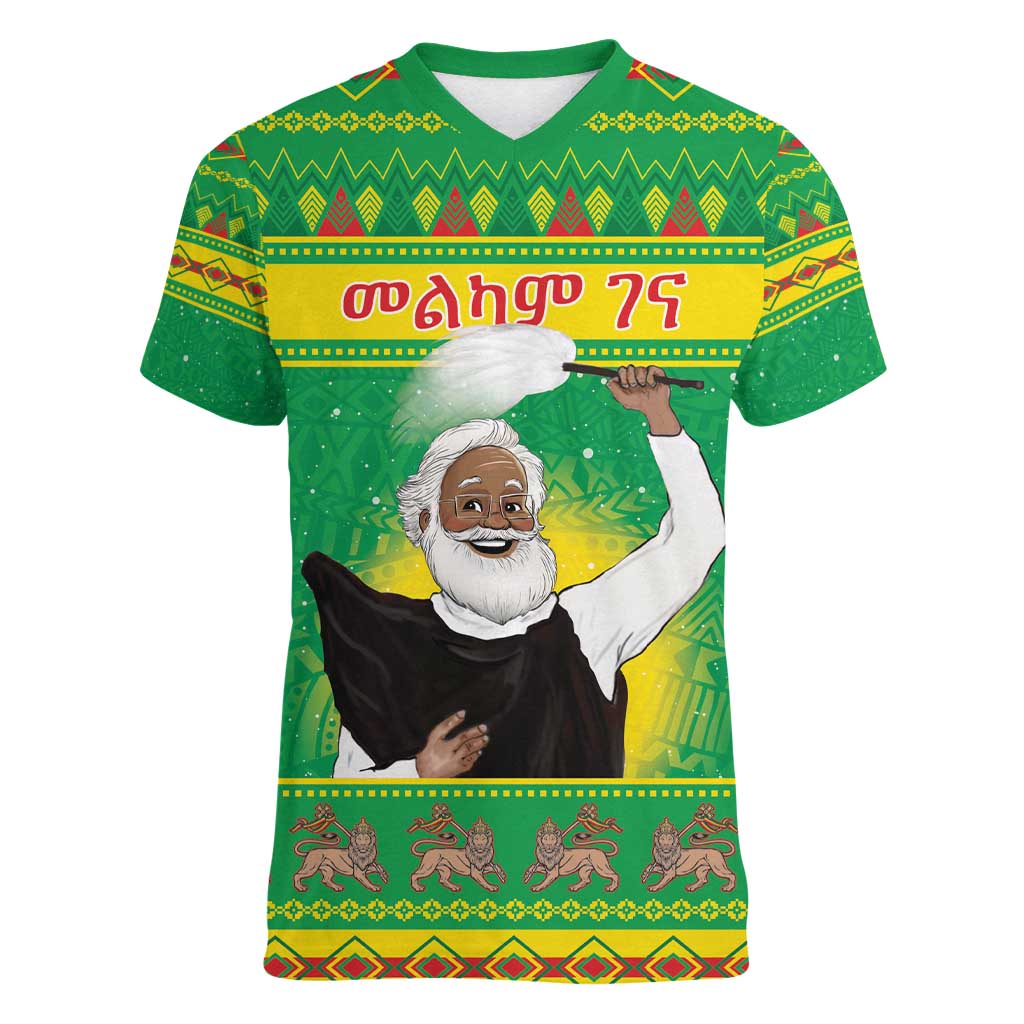 Ethiopia Christmas Women V-Neck T-Shirt Melkam Gena Yegena Abat LT05 - Wonder Print Shop