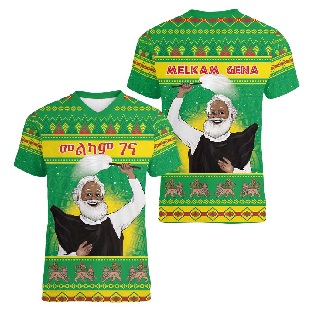 Ethiopia Christmas Women V-Neck T-Shirt Melkam Gena Yegena Abat LT05 - Wonder Print Shop