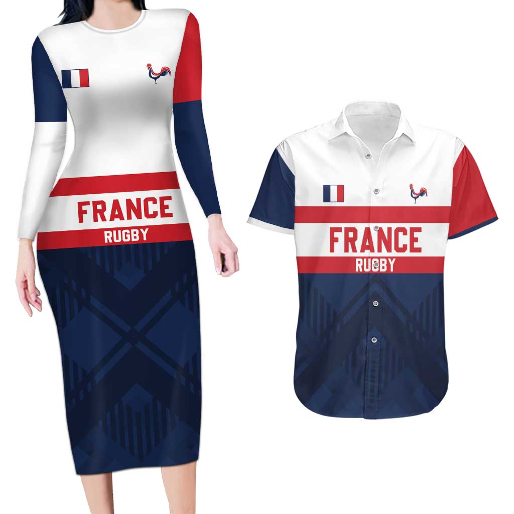 France Rugby Custom Couples Matching Long Sleeve Bodycon Dress and Hawaiian Shirt Go Les Bleus Simple Style - Wonder Print Shop