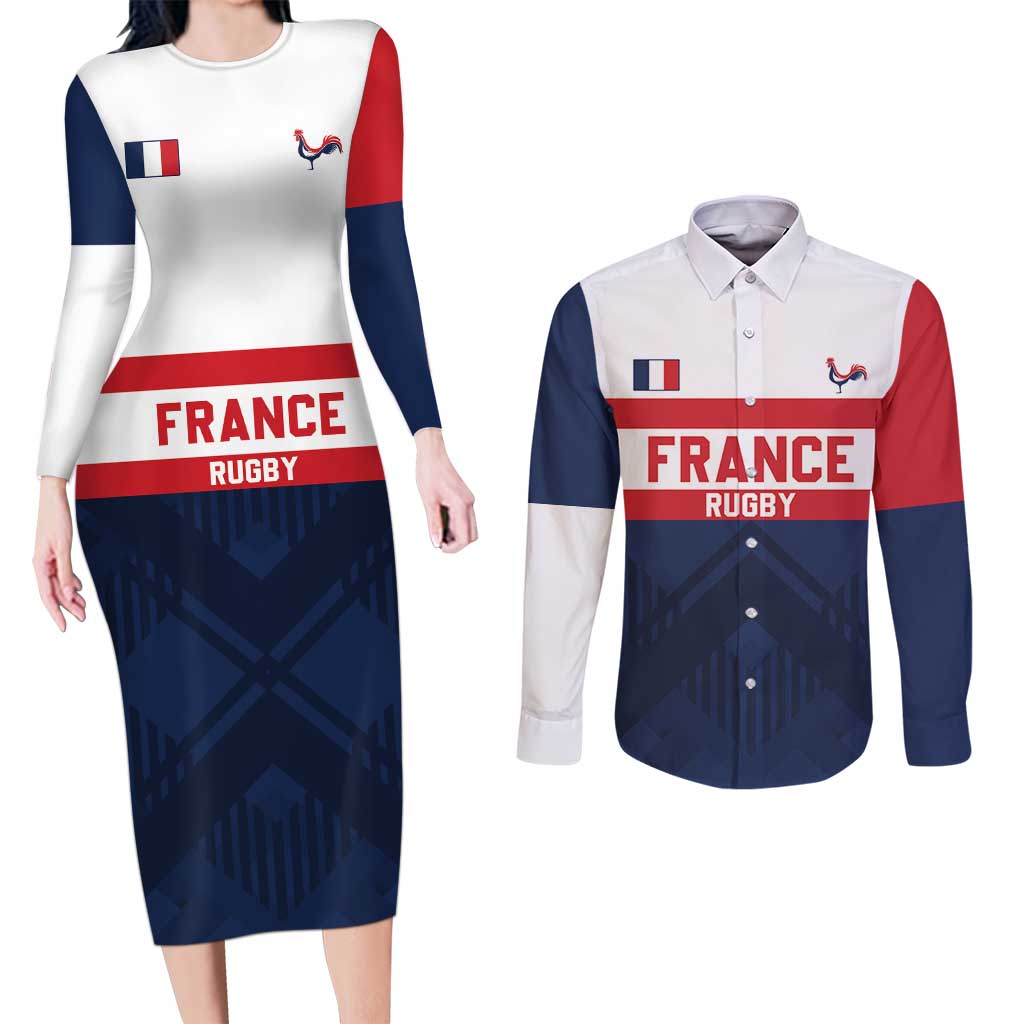 France Rugby Custom Couples Matching Long Sleeve Bodycon Dress and Long Sleeve Button Shirt Go Les Bleus Simple Style - Wonder Print Shop