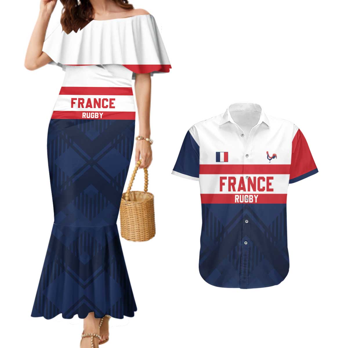 France Rugby Custom Couples Matching Mermaid Dress and Hawaiian Shirt Go Les Bleus Simple Style - Wonder Print Shop