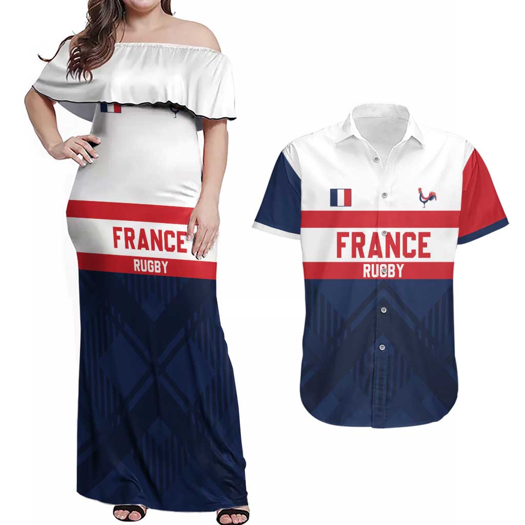 France Rugby Custom Couples Matching Off Shoulder Maxi Dress and Hawaiian Shirt Go Les Bleus Simple Style - Wonder Print Shop