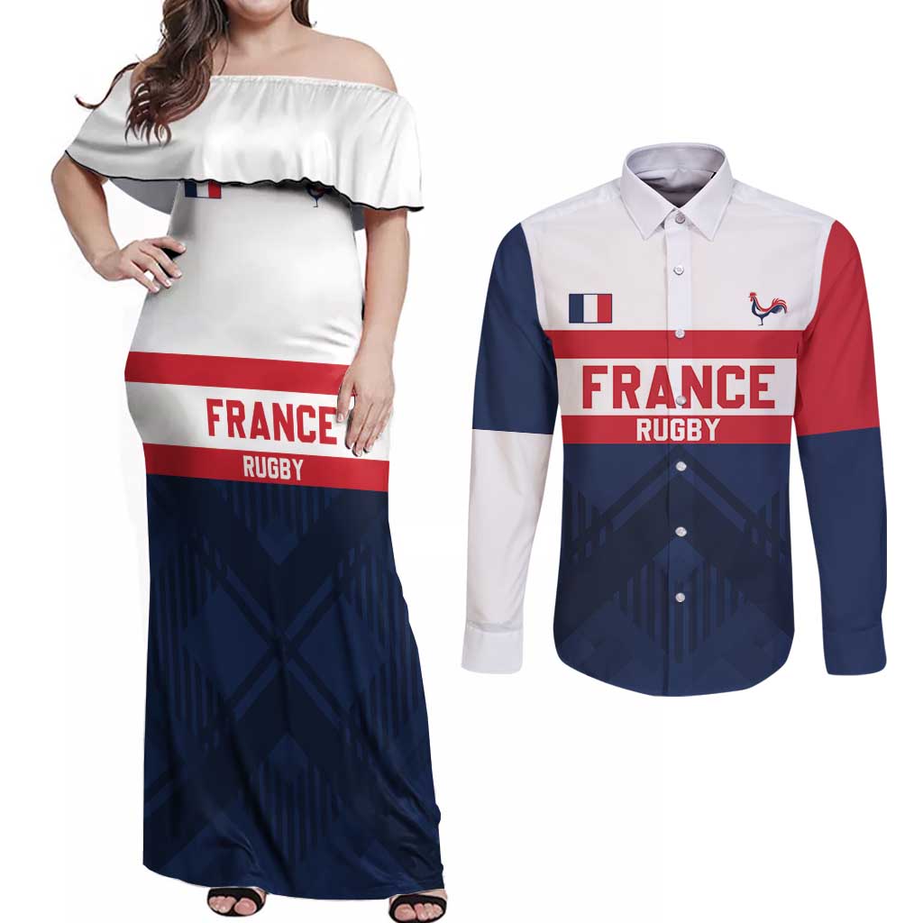 France Rugby Custom Couples Matching Off Shoulder Maxi Dress and Long Sleeve Button Shirt Go Les Bleus Simple Style - Wonder Print Shop