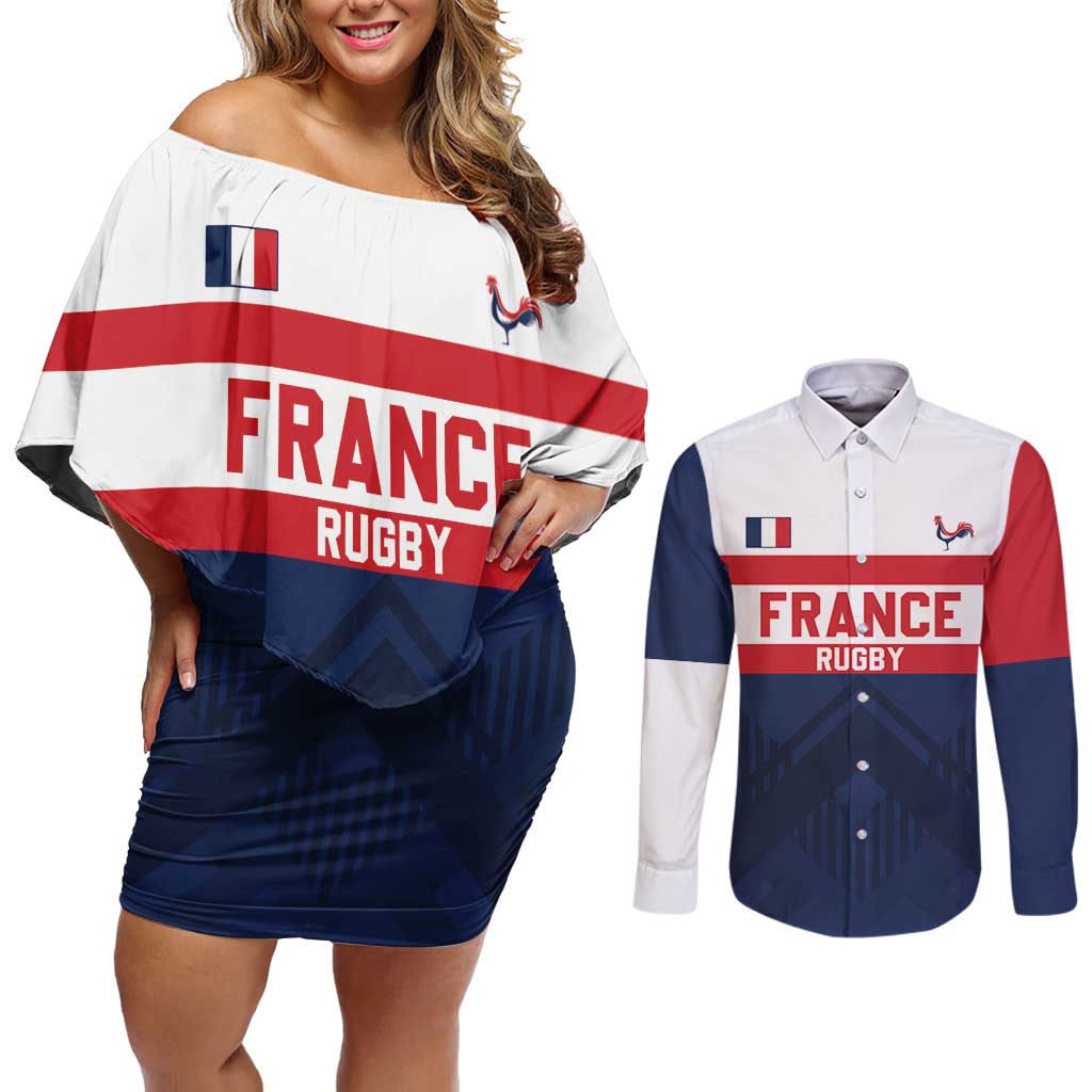 France Rugby Custom Couples Matching Off Shoulder Short Dress and Long Sleeve Button Shirt Go Les Bleus Simple Style - Wonder Print Shop