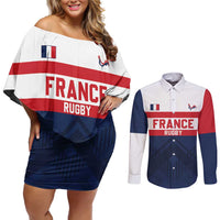 France Rugby Custom Couples Matching Off Shoulder Short Dress and Long Sleeve Button Shirt Go Les Bleus Simple Style - Wonder Print Shop