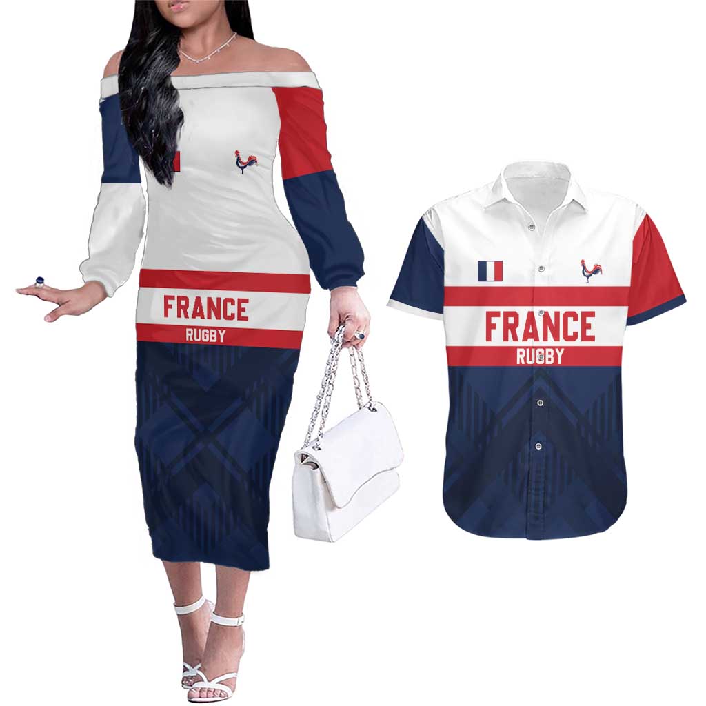 France Rugby Custom Couples Matching Off The Shoulder Long Sleeve Dress and Hawaiian Shirt Go Les Bleus Simple Style - Wonder Print Shop