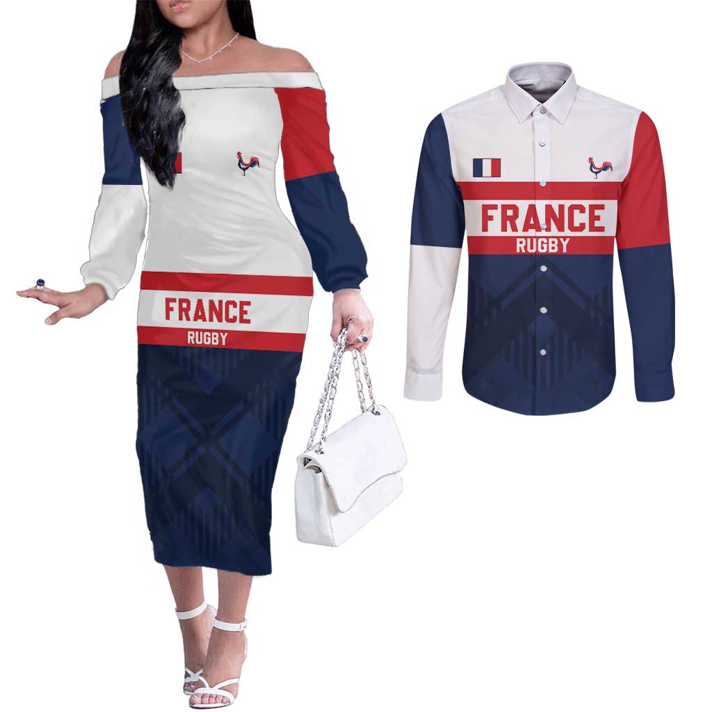France Rugby Custom Couples Matching Off The Shoulder Long Sleeve Dress and Long Sleeve Button Shirt Go Les Bleus Simple Style - Wonder Print Shop
