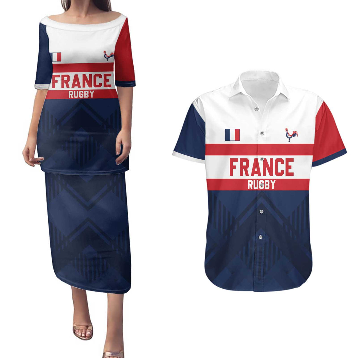 France Rugby Custom Couples Matching Puletasi and Hawaiian Shirt Go Les Bleus Simple Style - Wonder Print Shop