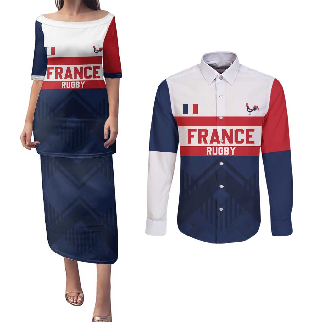 France Rugby Custom Couples Matching Puletasi and Long Sleeve Button Shirt Go Les Bleus Simple Style - Wonder Print Shop