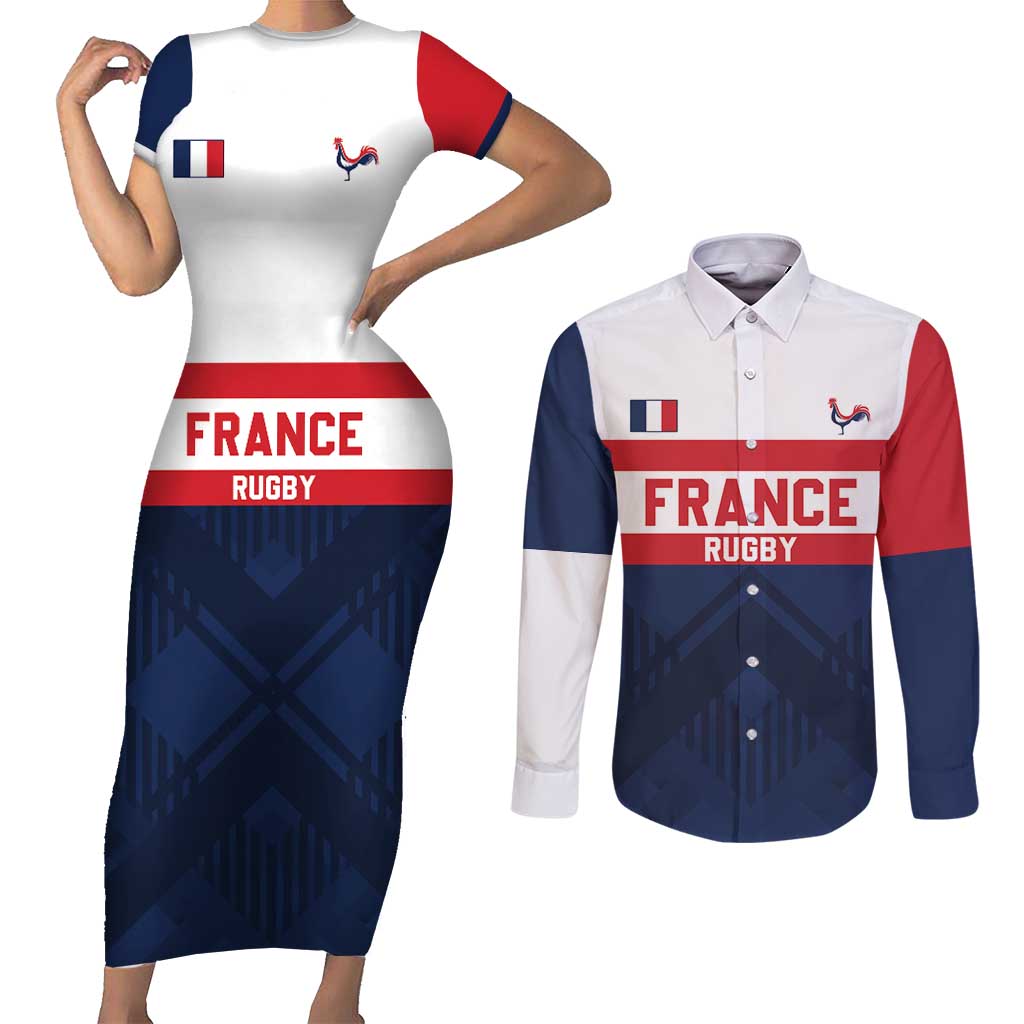 France Rugby Custom Couples Matching Short Sleeve Bodycon Dress and Long Sleeve Button Shirt Go Les Bleus Simple Style - Wonder Print Shop