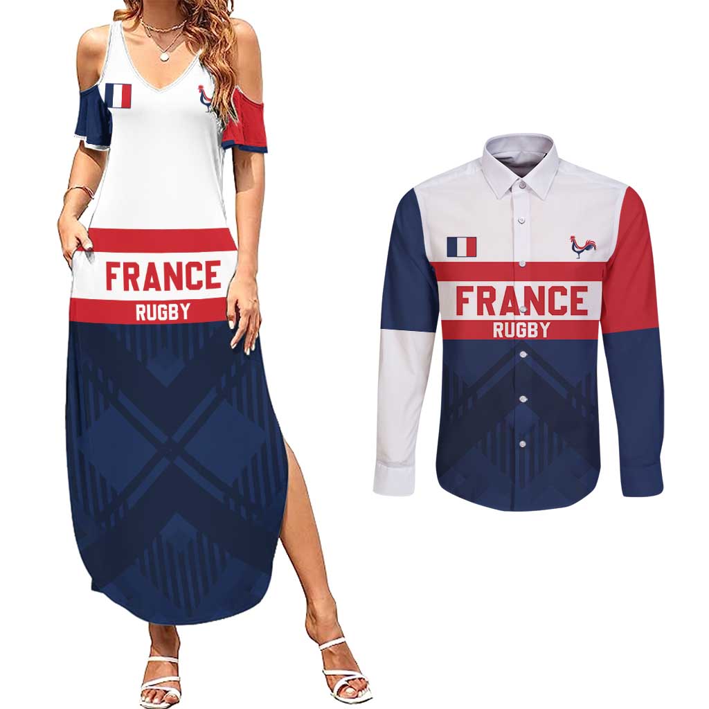 France Rugby Custom Couples Matching Summer Maxi Dress and Long Sleeve Button Shirt Go Les Bleus Simple Style - Wonder Print Shop