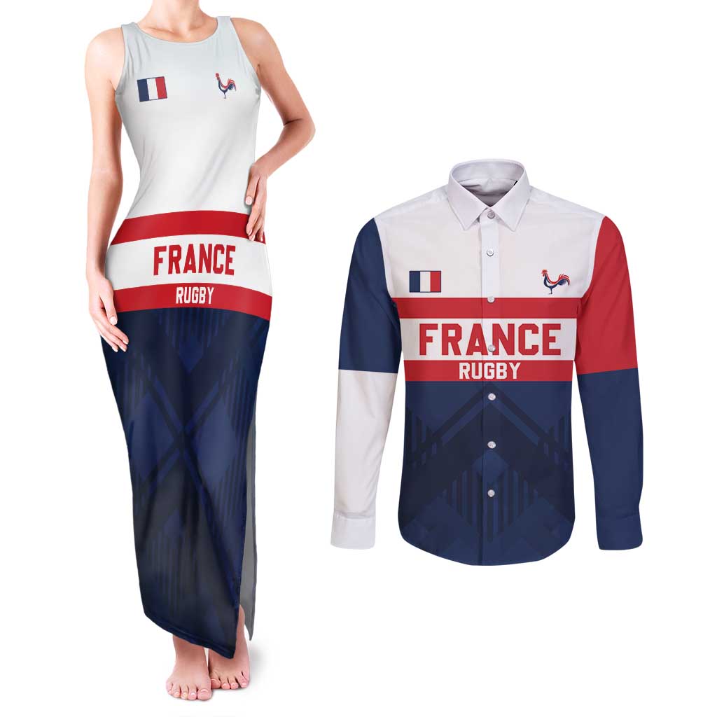 France Rugby Custom Couples Matching Tank Maxi Dress and Long Sleeve Button Shirt Go Les Bleus Simple Style - Wonder Print Shop