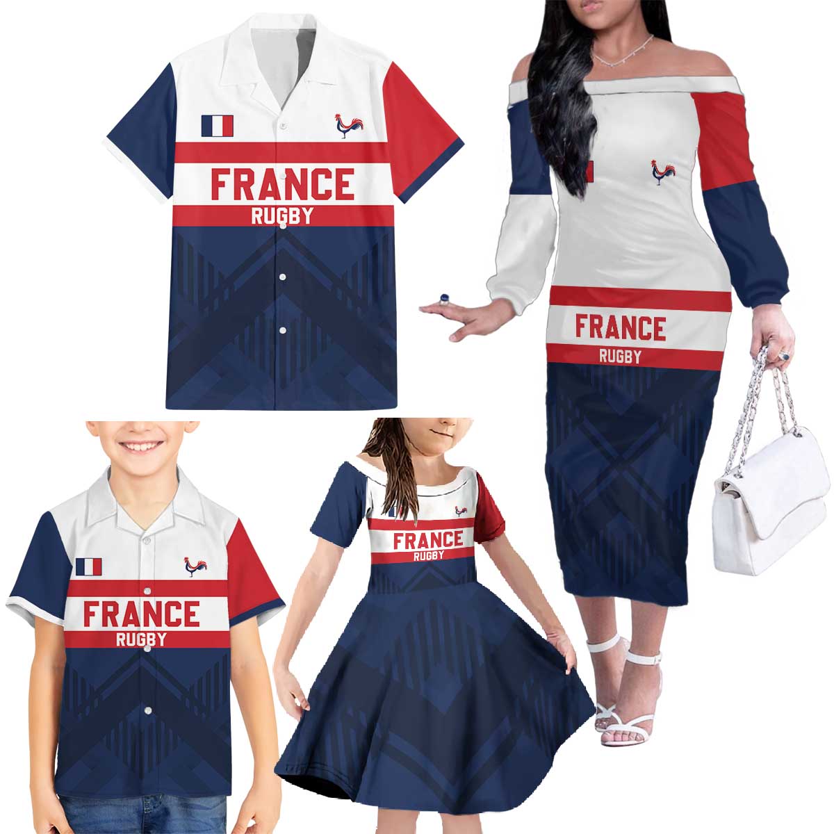 France Rugby Custom Family Matching Off The Shoulder Long Sleeve Dress and Hawaiian Shirt Go Les Bleus Simple Style - Wonder Print Shop